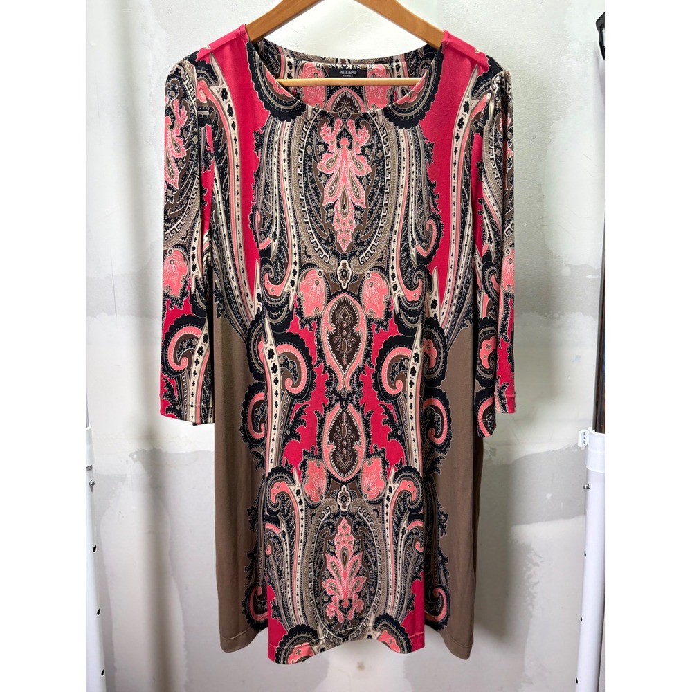 Alfani Woman Pink Brown Paisley Medallion 3/4 Sleeve Shift Dress Plus‎ Size